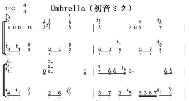 umbrella钢琴谱数字图片