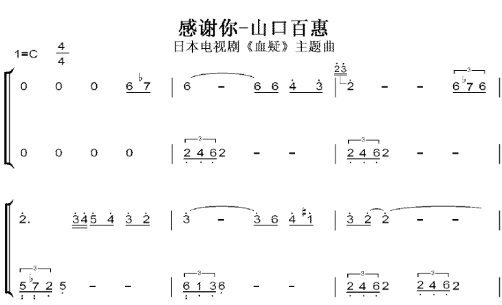 感谢你 山口百惠 C大调 初学者 简易好听版 钢琴双手简谱 钢琴谱 钢琴简谱