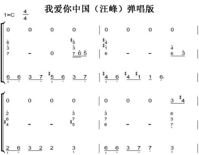 我爱你中国(汪峰)弹唱版 原声好听版 伴奏谱 钢琴双手简谱 钢琴谱