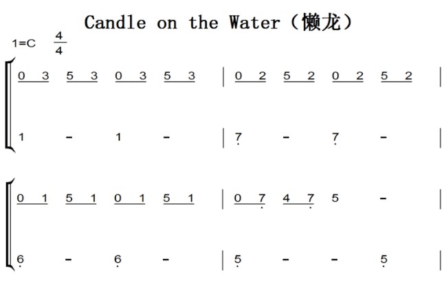 Candle on the Water（懒龙）简单版 迪士尼 Disney 经典儿歌 钢琴双手简谱 钢琴谱 钢琴简谱