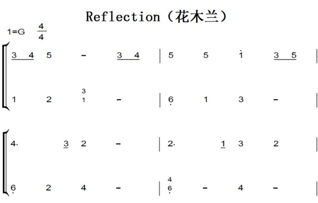 Reflection（花木兰）简单版 迪士尼 Disney 经典动画 钢琴双手简谱 钢琴谱 钢琴简谱