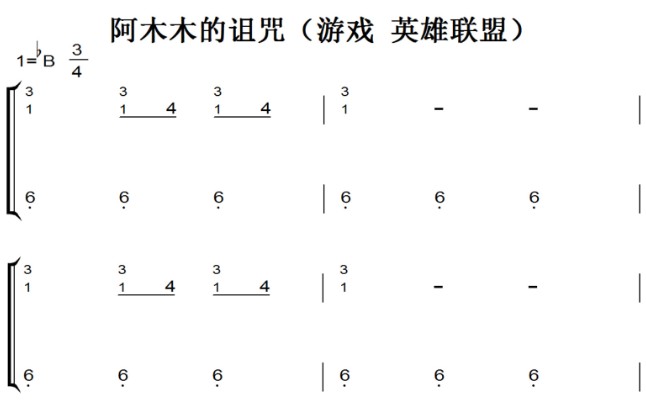 阿木木的诅咒（游戏 英雄联盟）动漫原声 钢琴双手简谱 钢琴谱 钢琴简谱