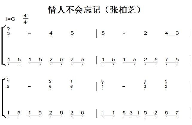 情人不会忘记（张柏芝）流行经典 香港 原版 钢琴双手简谱 钢琴谱 钢琴简谱 简五谱